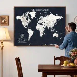 Custom World Map Wall Art Canvas Print – Personalized Push Pin Travel Tracker with Pins Framed Large for Home and Office Decor
