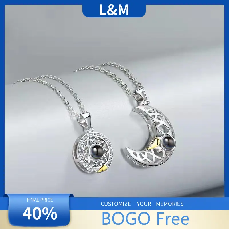 ​Custom Photo Projection Necklace for Couples - 925 Silver Sun and Moon Matching Jewelry - Personalized 100 Languages I Love You Pendants - Romantic Soulmate Gift for Anniversary & Birthday