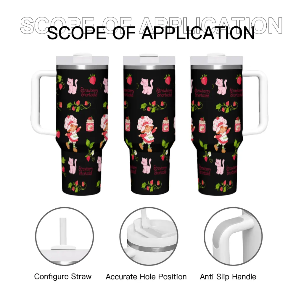 40 oz Strawberry Cartoon Portable Insulated Tumbler with Lid, Straw and Handle, Stainless Steel Vacuum Insulated Travel Mug for Water, Coffee and Tea, Pink Cat Print Gift for Girls and Women, Insulated Travel Cup, Drinkware