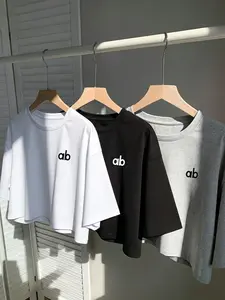 Summer Basic Ab Letter Short Sleeve T-Shirt, Loose Fit Drop Shoulder, Round Neck, Y2K Style, Colors, Casual Streetwear, Fashion