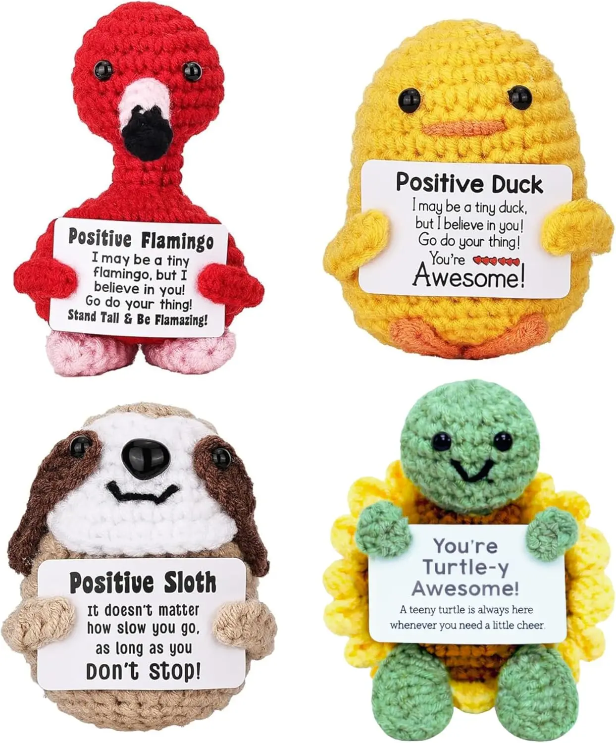 4PCS Cute Crochet Animal Dolls with Positive Cards, Easter Basket Stuffers for Teens, Handmade Emotional Support Gifts for Friends, Women & Men, Funny Desk Decor for Easter Birthday
