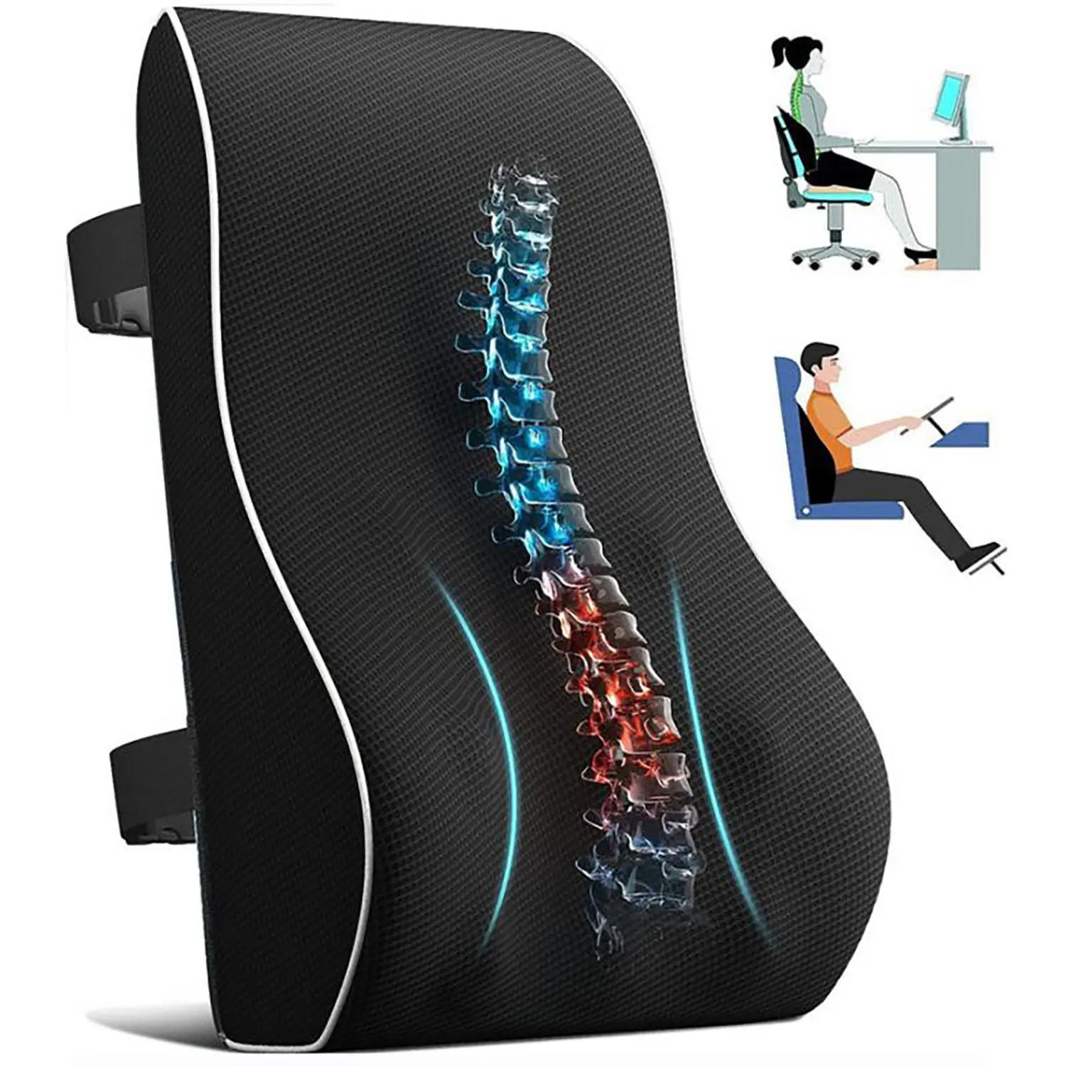 Ergonomic Contoured Memory Foam Lumbar Support Cushion with Mesh Cover - Durable, Spine-Aligning, Pressure Relief, Right Posture, Straps Stay Put for Car Seat, Office Use - Ideal for Adults, Father’s Day Gift
