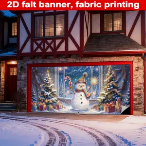 Christmas Garage Banner, Durable Polyester Material, Snowman, Christmas Tree with Lights, Gifts, Perfect for Garages, Parties, Events
