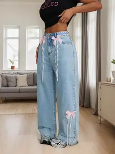 Blue American High Street Fashion Wide Leg Jeans, Snowflake Wash Butterfly Knot Decor, Loose Fit Natural Waist Pants for All Seasons