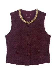 Women's Solid Color Button Front Tweed Vest, Elegant Fashion Round Neck Sleeveless Coat for Daily Outdoor Wear, Women Clothing for Spring Fall