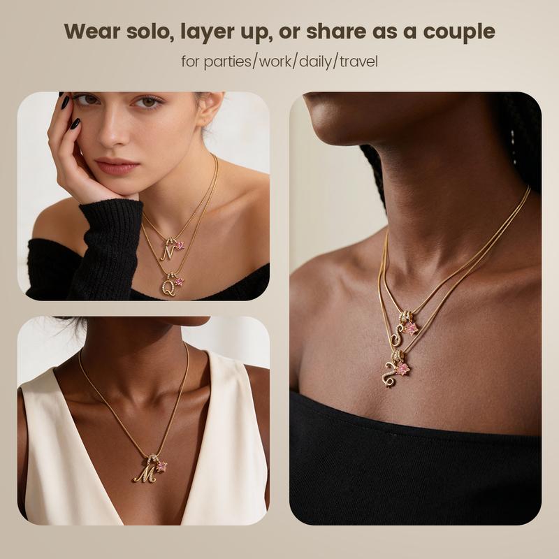 PolarEve 14K Gold Plated 3-Layering Initial A-Z Letter Pendant Necklaces for Women Snake Chain Choker Pink Heart Zircon Adjustable Length Necklace Jewelry