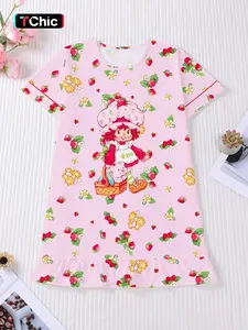 Strawberry Cartoon Print Women's Nightgown, Round Neck Short Sleeve Medium-Length Loose Comfortable, Fashion Daily Wear, Holiday Pajamas, Party Clothes, Casual Outdoor Homewear