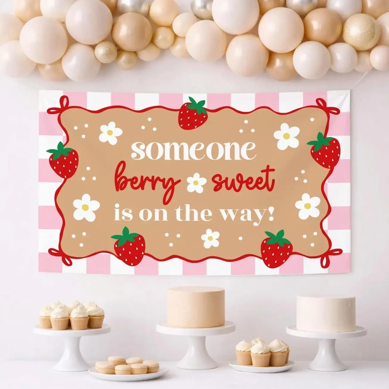 Berry Sweet Baby Shower Banner,  Strawberry Baby Shower Banner, Pink Gingham Girl Theme Kraft Paper Backdrop,