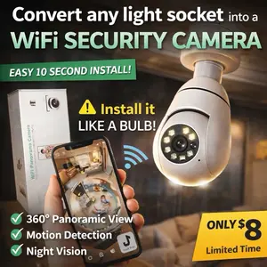 WIFI Panorama Security Camera - 360° View, Motion Detection, Night Vision, Easy 10 Second Install, Convert Any Light Socket