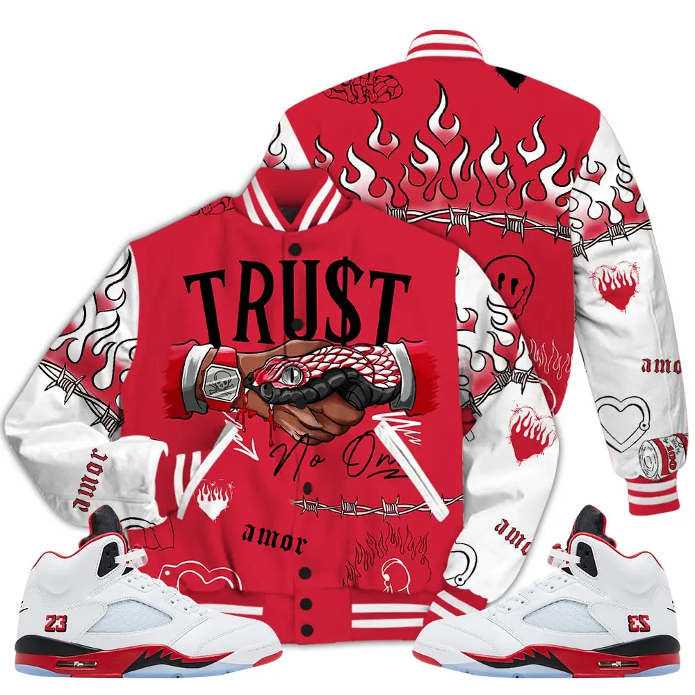 5 Fire Red Varsity Jacket, 2025 Fire Red Black Tongue 5s Letterman Jackets, Trust No One Graphic Sneaker Shirt Casual Fabric Fit Womenswear