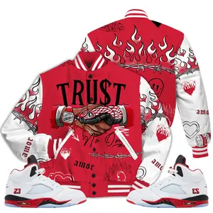 5 Fire Red Varsity Jacket, 2025 Fire Red Black Tongue 5s Letterman Jackets, Trust No One Graphic Sneaker Shirt Casual Fabric Fit Womenswear