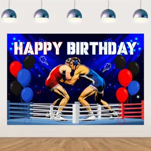 1Set Wrestling Happy Birthday Decorations Backdrop Banner 3 x 5ft Hanging Photo Background Banner for Boys 90s Wrestling Theme Birthday Party