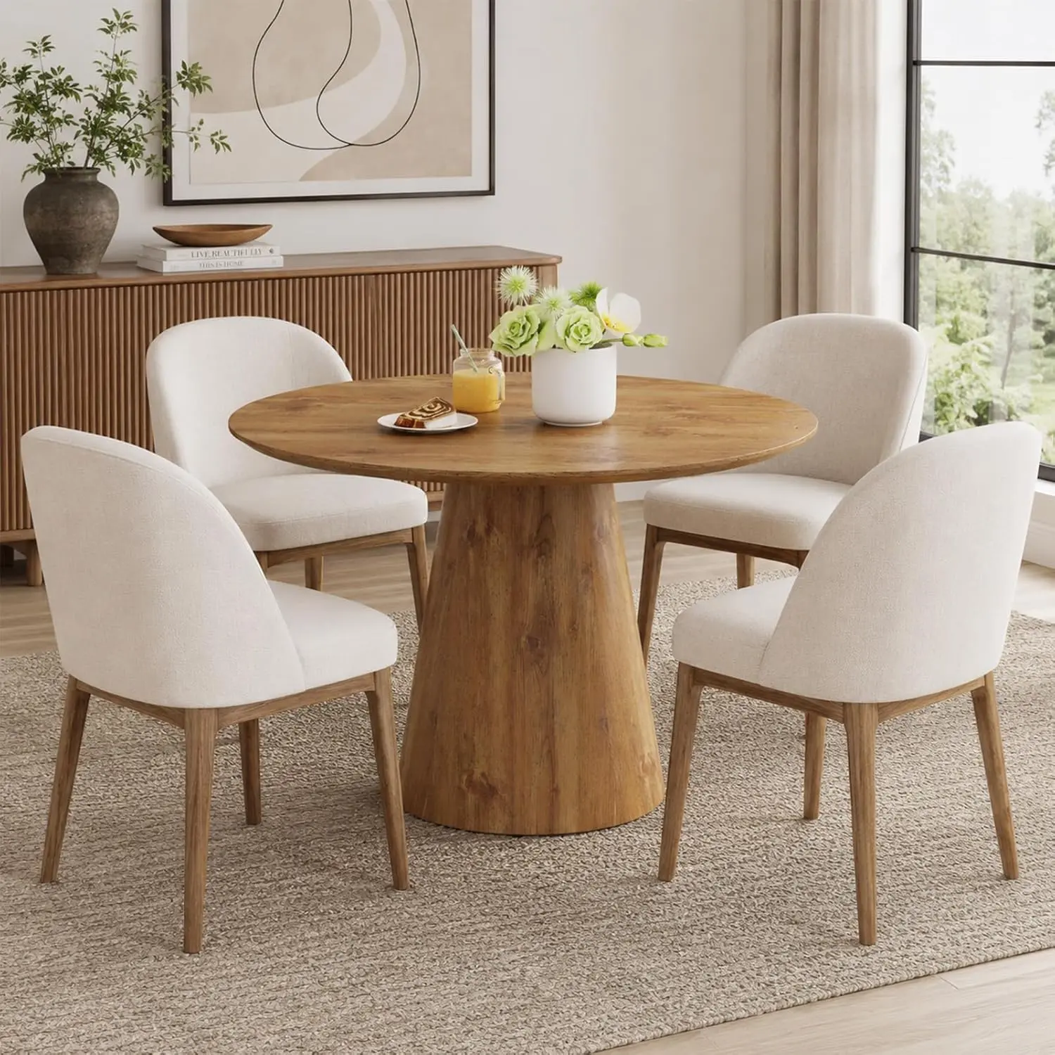 45in Round Wooden Pedestal Dining Table - 1-Piece Tabletop, Wood Grain Finish, Stable Base, Easy Assembly, for Kitchen & Dining Room