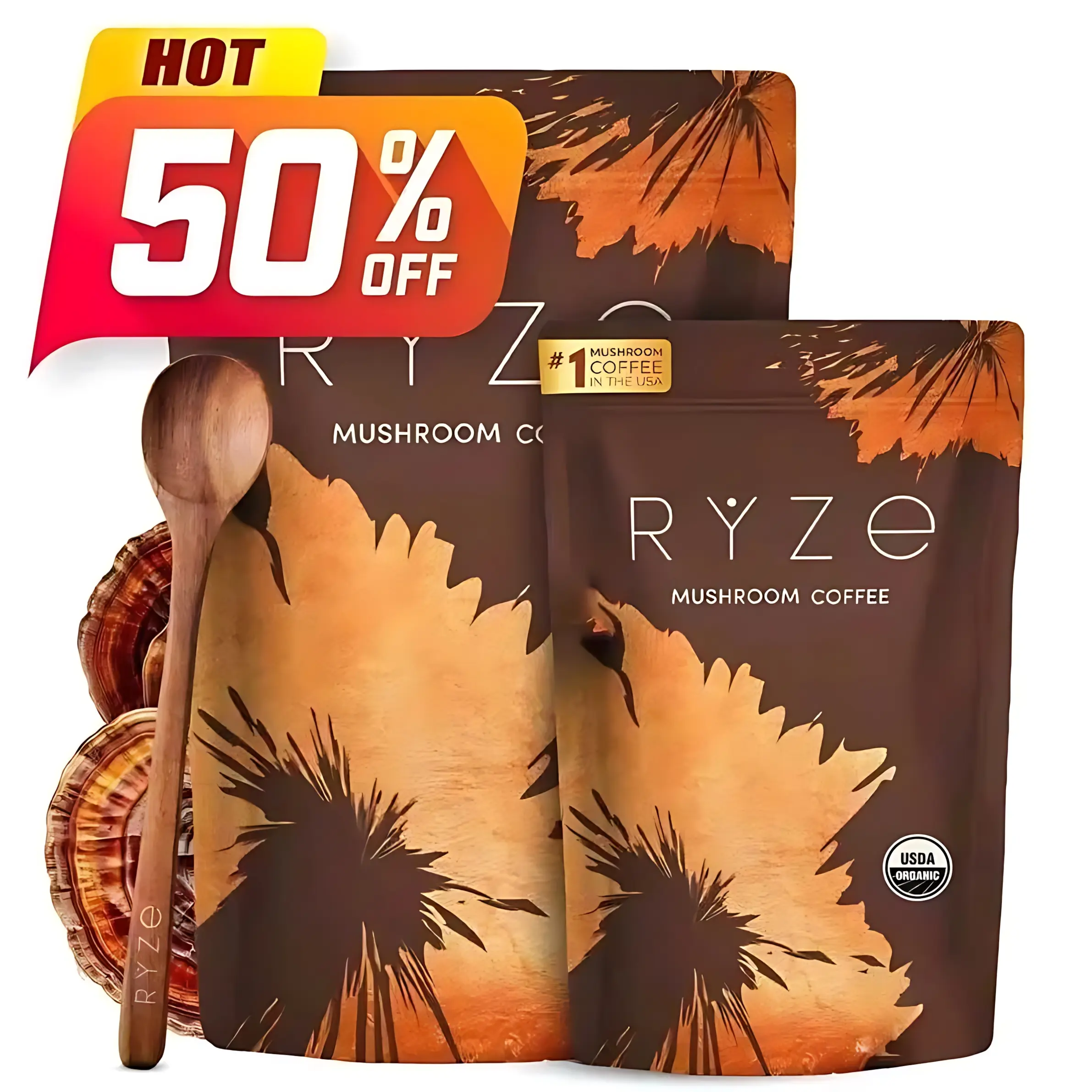 RYZE SUPERFOODS Mushroom Medium Roast Coffee USDA Organic with 6 Adaptogenic Mushrooms, USA Grown Instant Coffee for Better Energy, Focus Digestion Immunity with Lions Mane & Turkey Tail 30 Servings