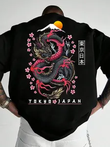 1 Piece Men's Japanese Dragon Graphic Fitted Tee, Tokyo Streetwear Style, Menswear, Bold Print, For Casual Outfit And Trendy Youth