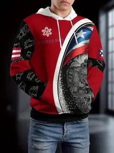 Men's Hooded Pullover Sweatshirt with Puerto Rican Flag & Spanish Culture Graphic Design, Long Sleeve, Colorblock, Fitted, Casual Streetwear, Fabric