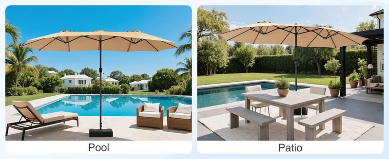 15ft Large Patio Umbrella with Base Included, Rectangle Table Umbrella Outdoor Patio, Outside Umbrellas for Deck, Market, Backyard, Khaki