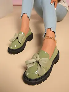 Shiny Velvet Bow Loafers Women, Thick Sole Design, Casual Daily Wear, College Style, Spring & Fall Fashion Shoes, PU Leather Upper