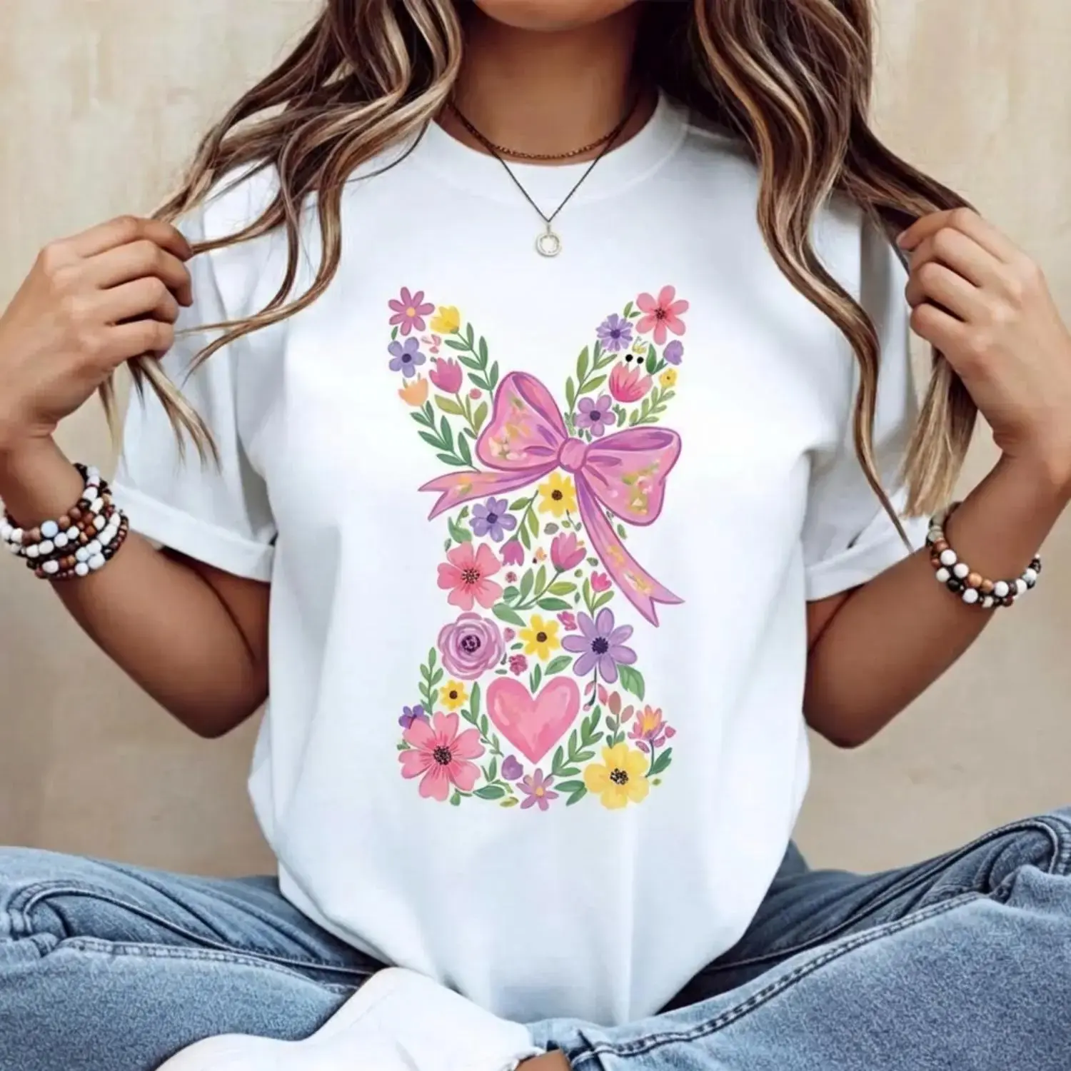 Women's Easter Bunny Graphic T-Shirt, Casual Loose-Fit Short Sleeve Cartoon Tee in Soft 100% Cotton for Spring Holiday Wear, Shortsleeve