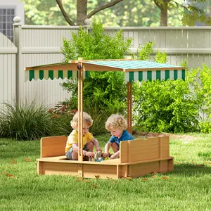 Children's Wooden Sandbox with Adjustable Canopy & Cover, Features Foldable Bench Seats, Safe Outdoor Sand Box for Toddlers 3-7, Backyard Playset