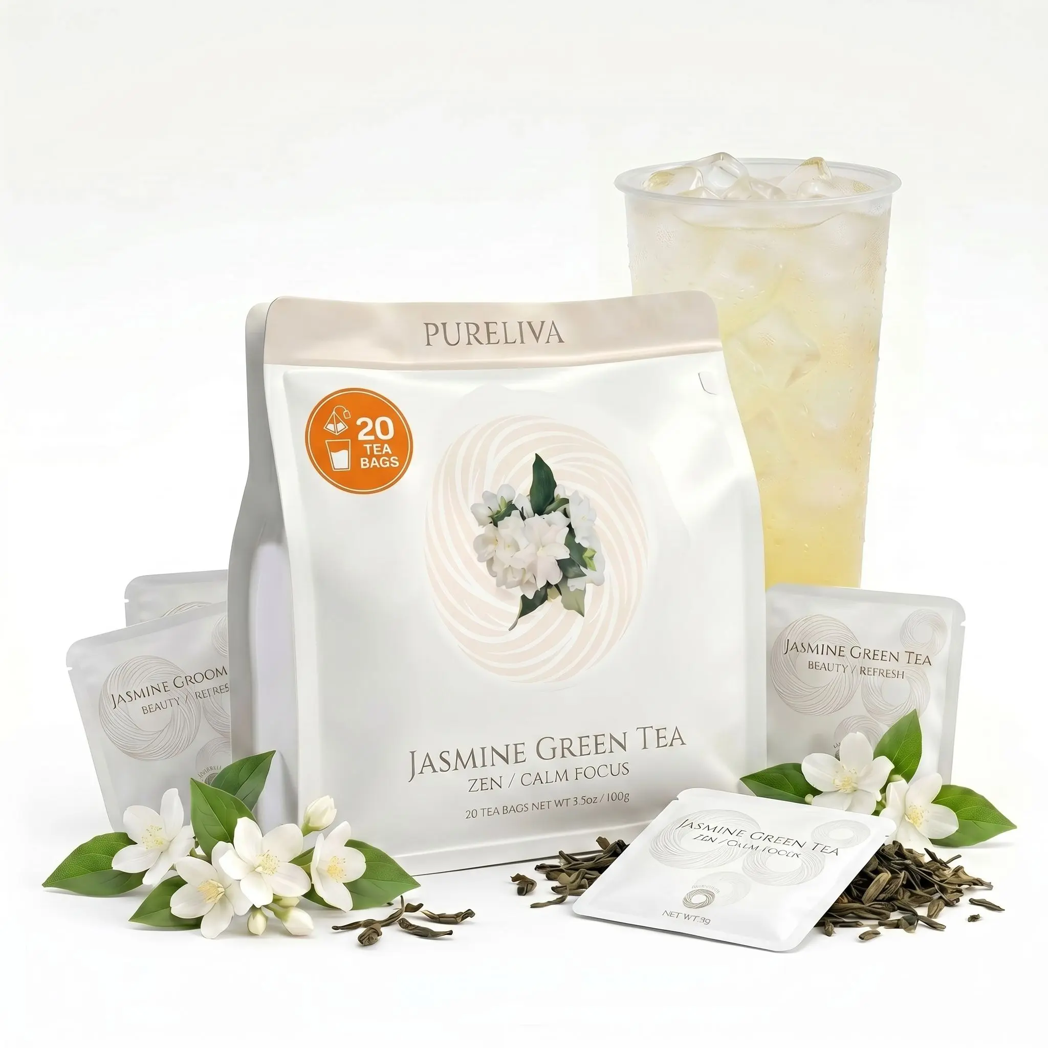 PURELIVA Jasmine Green Tea Bags - 20-Count Daily Wellness Tea, Natural Jasmine Blend, Clean Herbal Beverage, Supports Energy for Work, Exercise