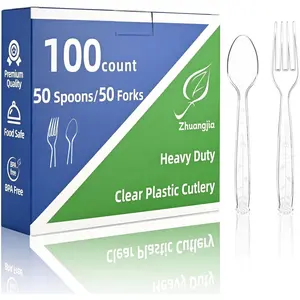 100 Count Heavy Duty Plastic Silverware 50 Forks 50 Spoons Shatterproof BPA-Free Heat Resistant Disposable Cutlery for Catering Events Party Supplies