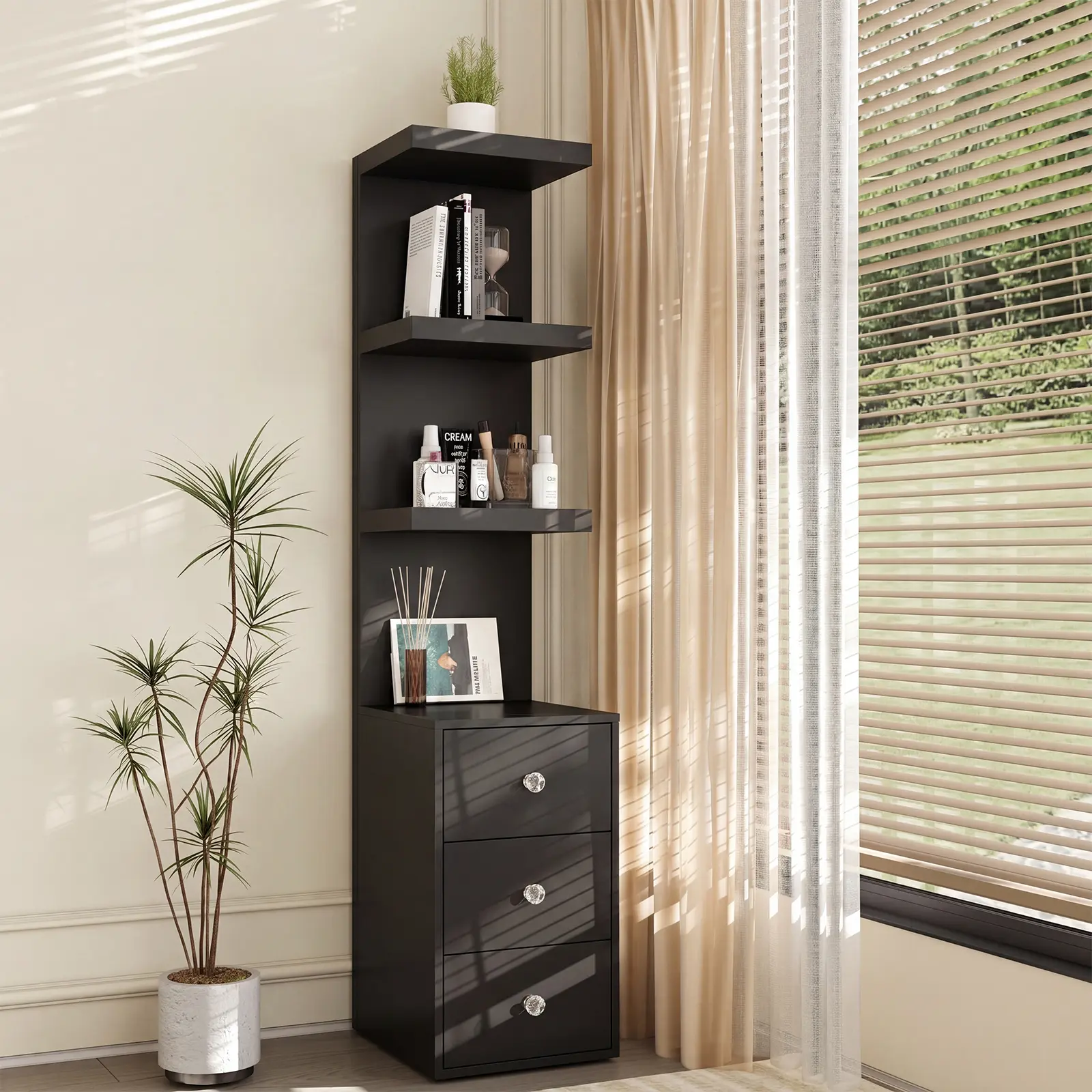 VOWNER 3 Tier Stand Shelf with 3 drawers Modern Beside Table Nightstand with LED Light for Vanity Bedroom, Black