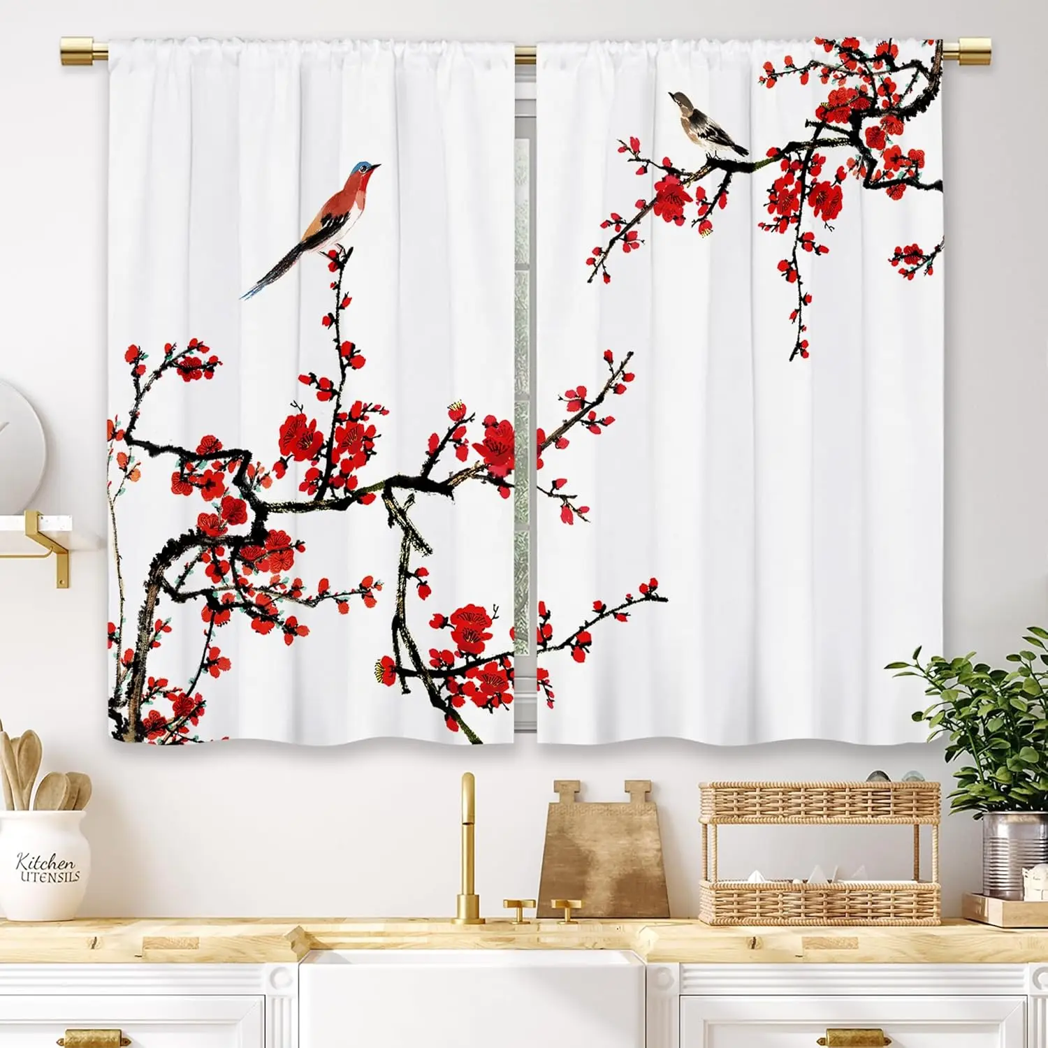 Red Floral Cherry Kitchen Curtains Flower Small Short Cafe Window Curtains Blossom Asian Japanese Plum Aesthetic Rod Pocket Bathroom Window Drapes Treatment Tier Curtains (27.5x39 Inch)