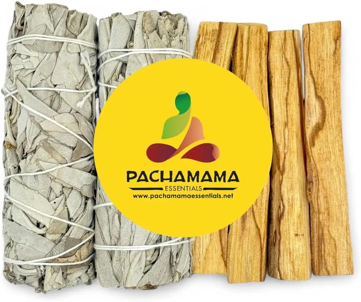 Organic California White Sage (Salvia Apiana) & Palo Santo (Holly Wood) Smudge Bundle Kit (2 white sage bundles 4"-5" & 4 Palo Santo Sticks 4")