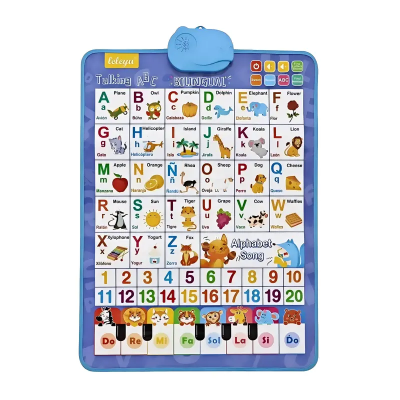 Unisex Bilingual English-Spanish Interactive PVC Wall Stickers for Ages 1 to 6, 5-Theme No-Screen Edu Toys - Alphabet, Numbers, Animals, Piano, Songs, Fun Cartoons, Battery-Operated Decor to Boost Vocabulary & Enhance Early Literacy Skills