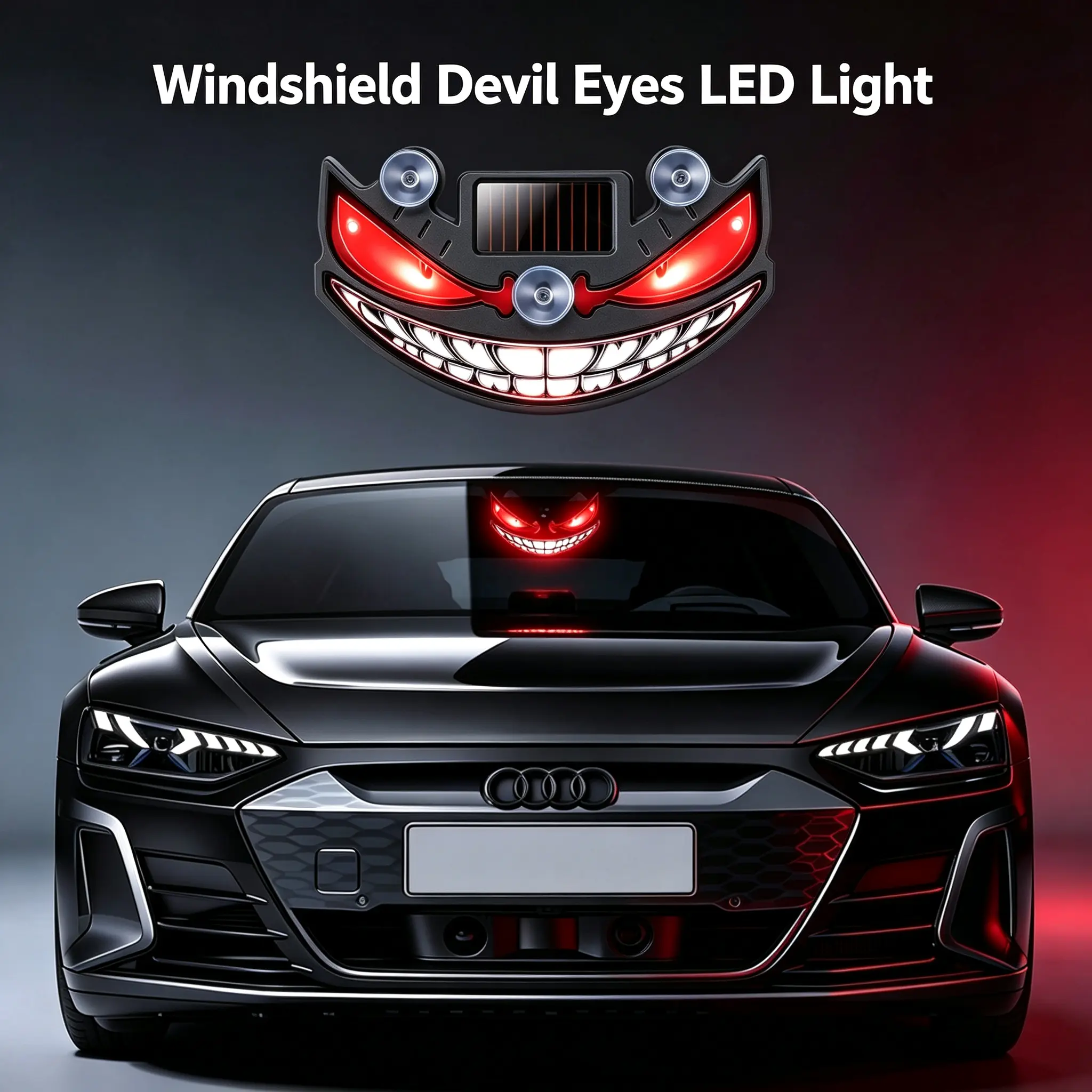 Solar-Powered Devil Face Dynamic LED Car Light, 5 Flash Modes, Suction Cup Glue-Free Install, Universal Car Rear Window Atmosphere Light, Auto Exterior Decor Accessories