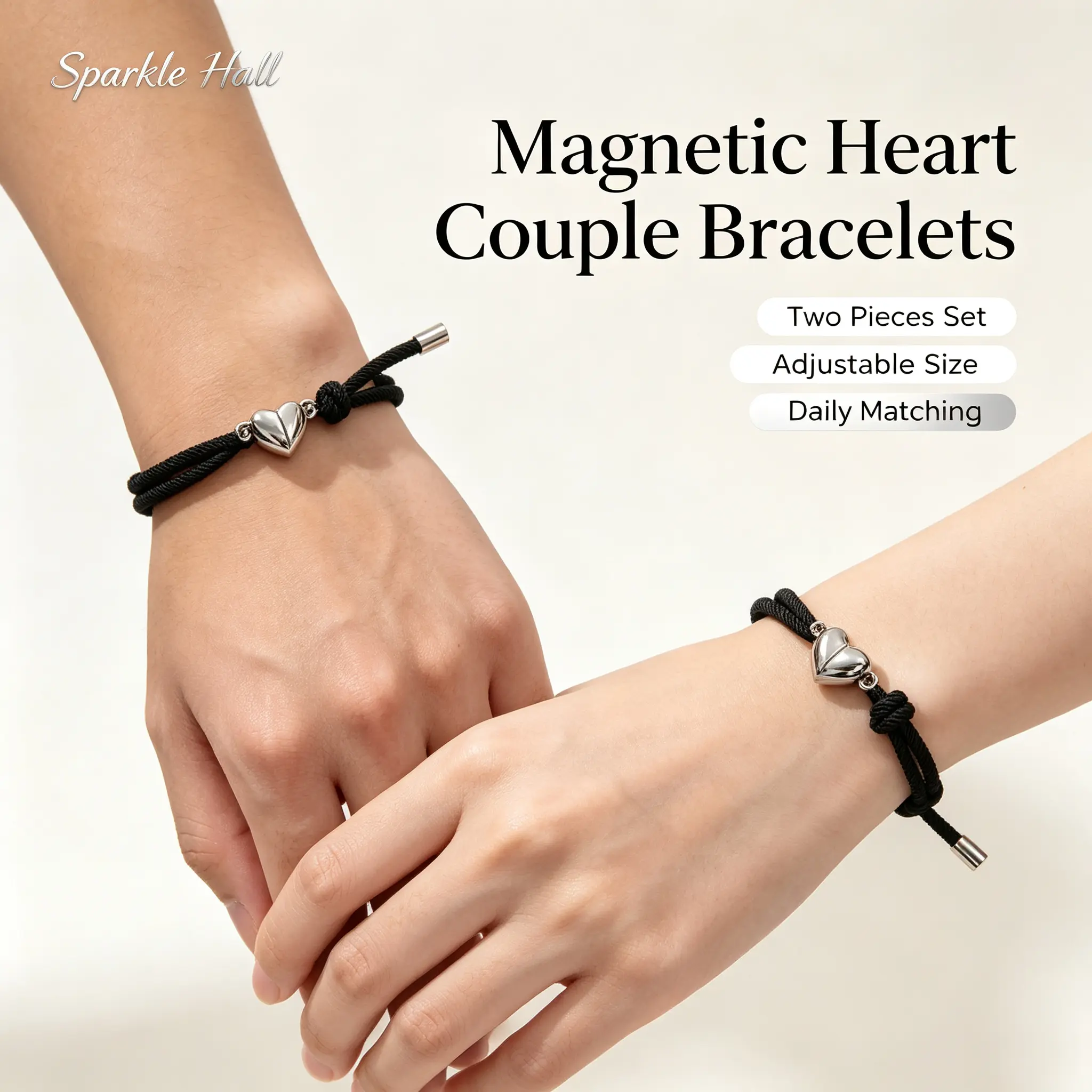 Unisex Fit Magnetic Heart Charm Matching Pair Bracelets Set of 2, Adjustable Braided Cord Wrist Bands, Minimalist Daily Wear Romantic Jewelry Gift for Lovers