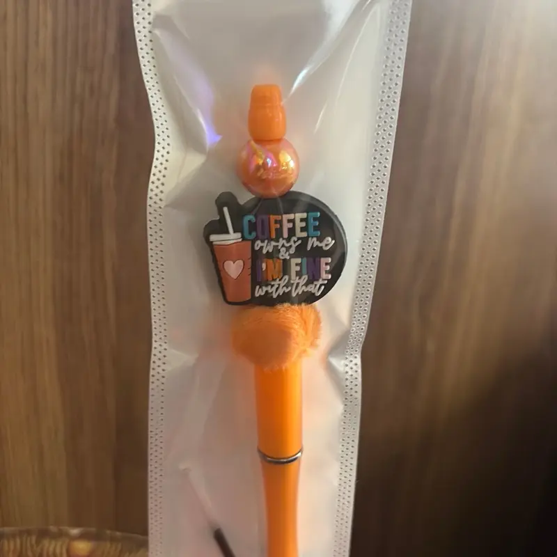 Customized Coffee Lover's Pen with Fun Quote and Orange Pom-Pom Tip for Coffee Enthusiasts