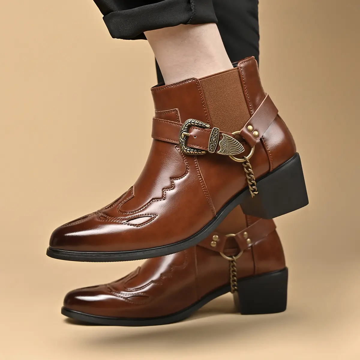 (New) Men's Chunky-Heel Pointed-Toe Plus-Size Ankle Boots - PU Leather Printed Upper, Button-Up Decor, Chain Detail, Ankle Height, Suitable for Daily Outings & Business Commutes, Chunky Heels
