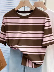 Daily Everyday Casual Versatile Simple Striped Round Neck Short Sleeve T-Shirt, Loose-Fitting Summer Top, Women's Basic Tee