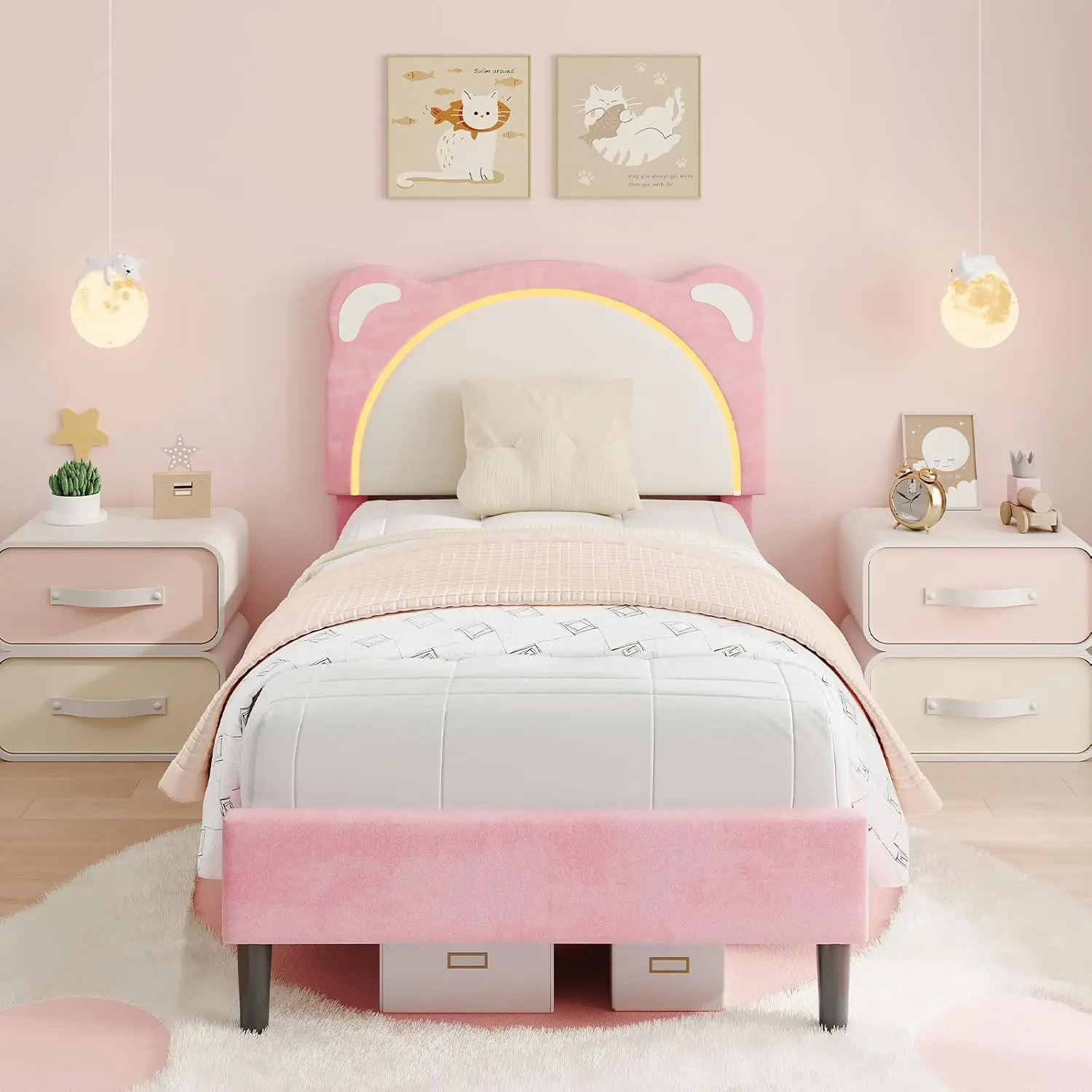 GAOMON Kids' Velvet Upholstered Modern Platform Twin Bed Frame for Boys & Girls - Smart LED Headboard with Color Changing Led Lights, Adjustable Light, Memory Function, Wood Slat Support, No Box Spring Needed, Easy Assembly, Modern Upholstered Bed