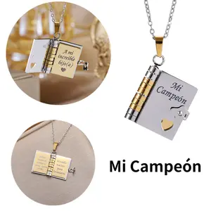 My Litter Star Book Necklace Spanish Mi Campeón Adjustable Stainless Steel Chain Openable with 6 Pages Gifts of Love Thanksgiving Day Gift Christmas Gift