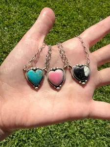 Turquoise, Pink Conch, or White Buffalo Heart Sterling Silver Necklace