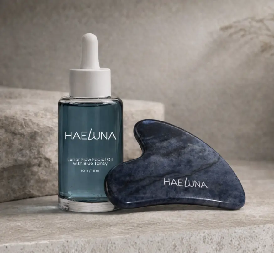 Blue Tansy Lunar Flow Facial Oil, Balancing Antioxidant Ritual Oil with Blue Aventurine Gua Sha Crystal Stone