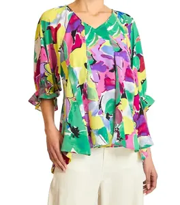 UMGEE FLATTERING WAIST-SHIRRED V-NECK FLORAL 3/4 ELASTIC RUFFLE SLEEVE TOP