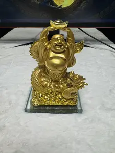 Feng Shui Golden Laughing Buddha Holding Ingot with Dragon Statue Wealth Luck Home Office Decor