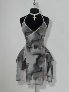 Sheer Ombre Print Mini Dress, Knit, Asymmetrical Hemline, Tie-Back Design, Slim-Fitting, Elegant Style, All Seasons Wear