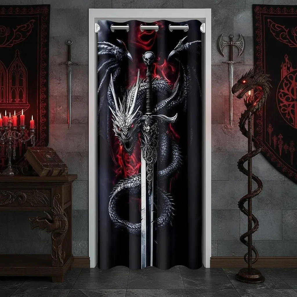 Black Dragon Door Curtain,Dragon Sword Dark Red Blackout Curtain Bedroom Doorway Living Room,Western Magical Animals Privacy Door Drape 1 Panel