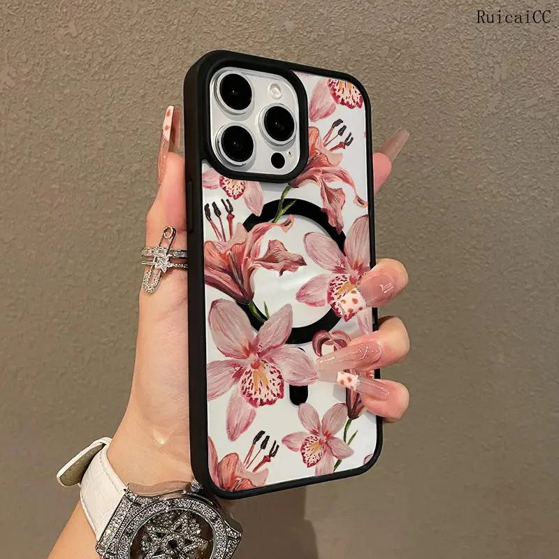 Multi-Functional Magnetic Case for iPhone11/12/13/14/15/16/promax Pink Orchid Pattern MagSafe Ready, Anti-Fall,Ultra-Thin Design |   Perfect for Everyday Use