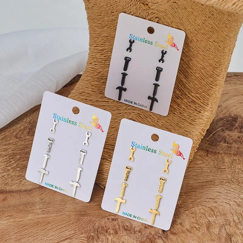 4pair Punk Stainless Steel Key Wrench Earring Hammer Nail Ear Jewelry Set Girl Unique Tools Earrings Gifts Accessories