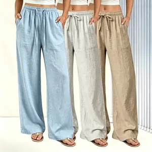 Women's 3-Piece Solid Color Wide Leg Pants Set, Linen Beach Casual Bottoms, Breathable Elastic Waist Loose Everyday Basic Trousers