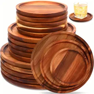 15PCS Round Wood Tray, Acacia Wooden Decorative Serving Tray for Coffee Table and Home Decor, Wooden Appetizer Charcuterie Board for Kitchen Countertop， Candle Holder Tray Home Decor，Wooden Appetizer Charcuterie Board for Kitchen