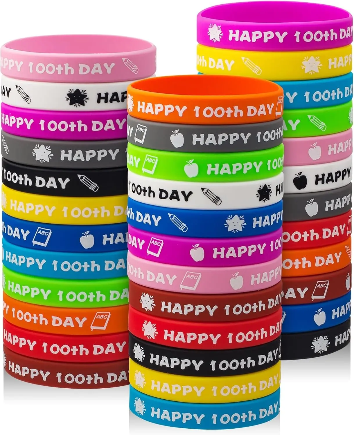 36PCS Happy 100th Day Bracelets Colorful Silicone Wristbands Cute 100th Day of School Gifts Rubber Bracelets for School Classroom Party Favors Supply Student Rewards