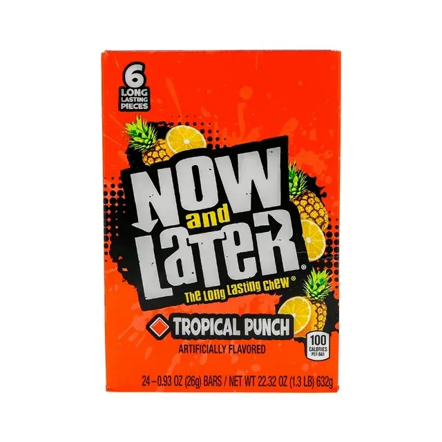 Now and Later Tropical Punch Flavored Sweet Chewy Candies, 0.93 oz Boxed Pack (24 Bars), Low-Sodium American Dessert Snack