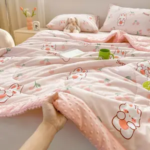 Cute Rabbit and Rose Floral Quilt, Ultra Soft Washable Fabric, Lightweight Summer Bedding, Bedroom Decoration, Floral Print Quilt, Machine Washable Quilt